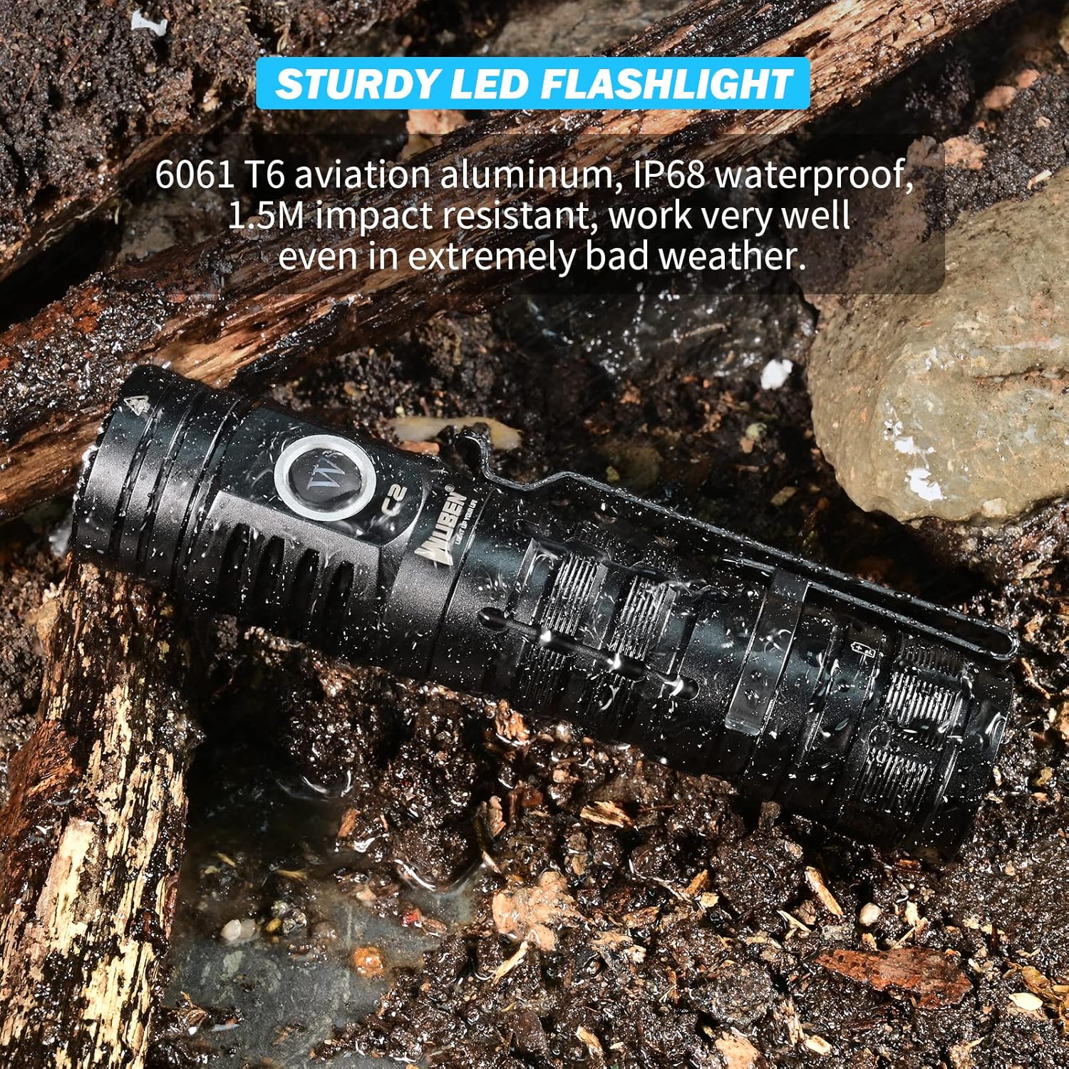 Rechargeable Flashlight 2000 Lumen, Pocket Flashlight with Lanyard, IP68 Waterproof Tactical Flashlight B39736