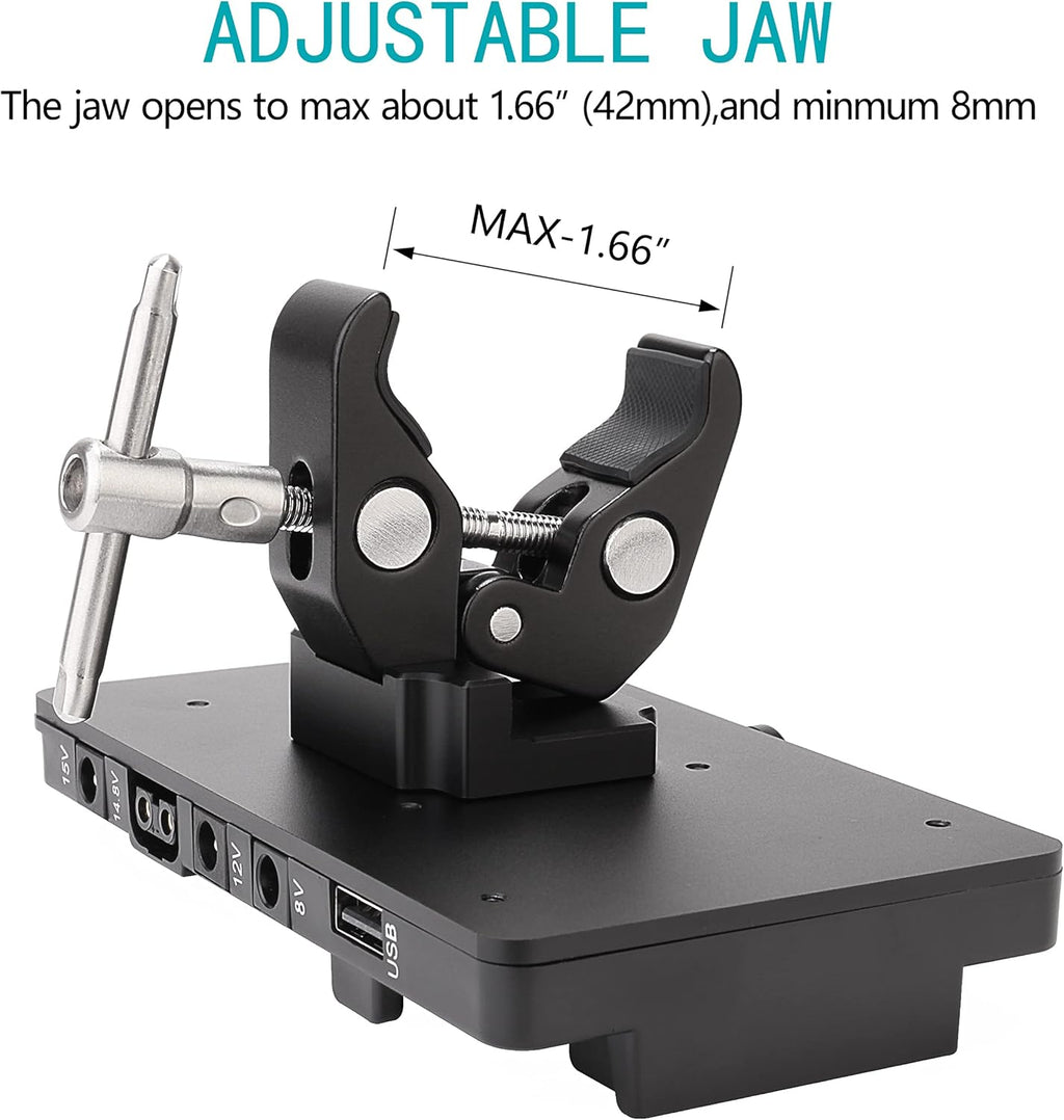 V-Mount Lock Battery Plate Power Supply Adapter with Super Clamp, D-TAP/DC/USB Power Output T1579