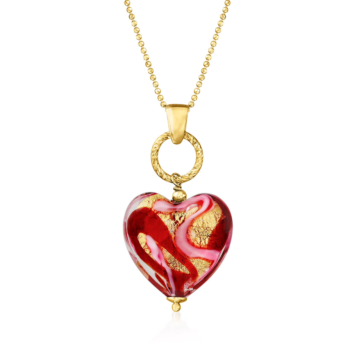 Italian Red and Pink Murano Glass Heart Pendant Necklace in 18kt Gold Over Sterling A440