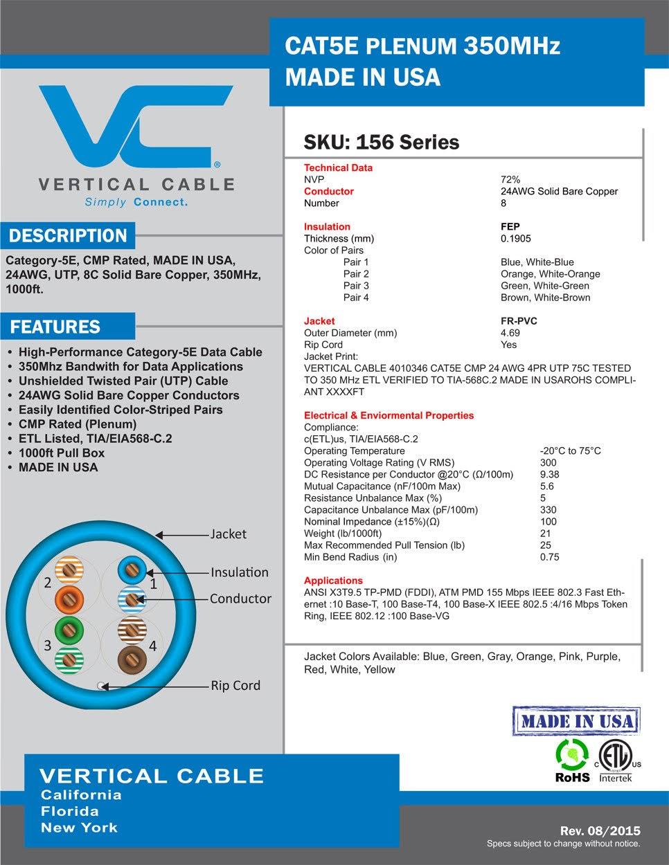 Bulk Ethernet Cable, Cat5e, UTP, 24AWG, 8C Solid Bare Copper, Plenum, 1000ft, Gray I23011