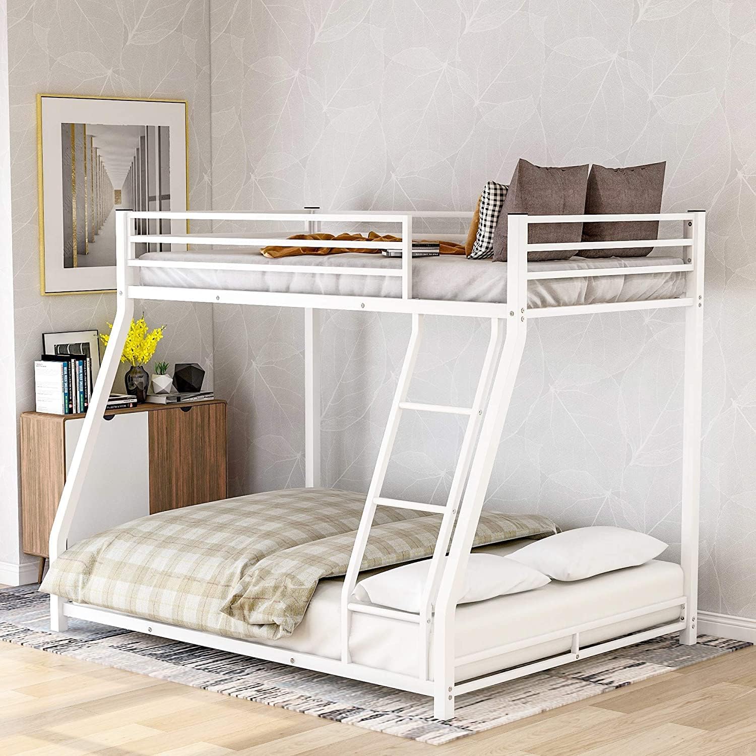 White Solid Wood Twin Over Twin Bunk Bed with Storage Staircase, Slide, and Two Drawers Z765