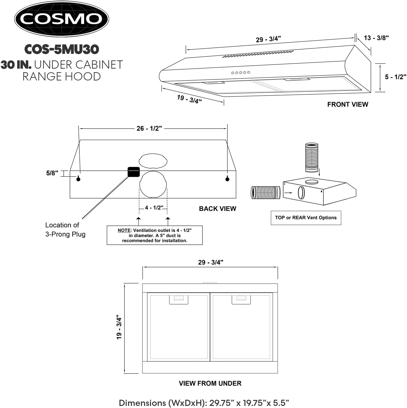 30 in. Under Cabinet Range Hood Ductless Convertible Duct Stainless Steel Q6006