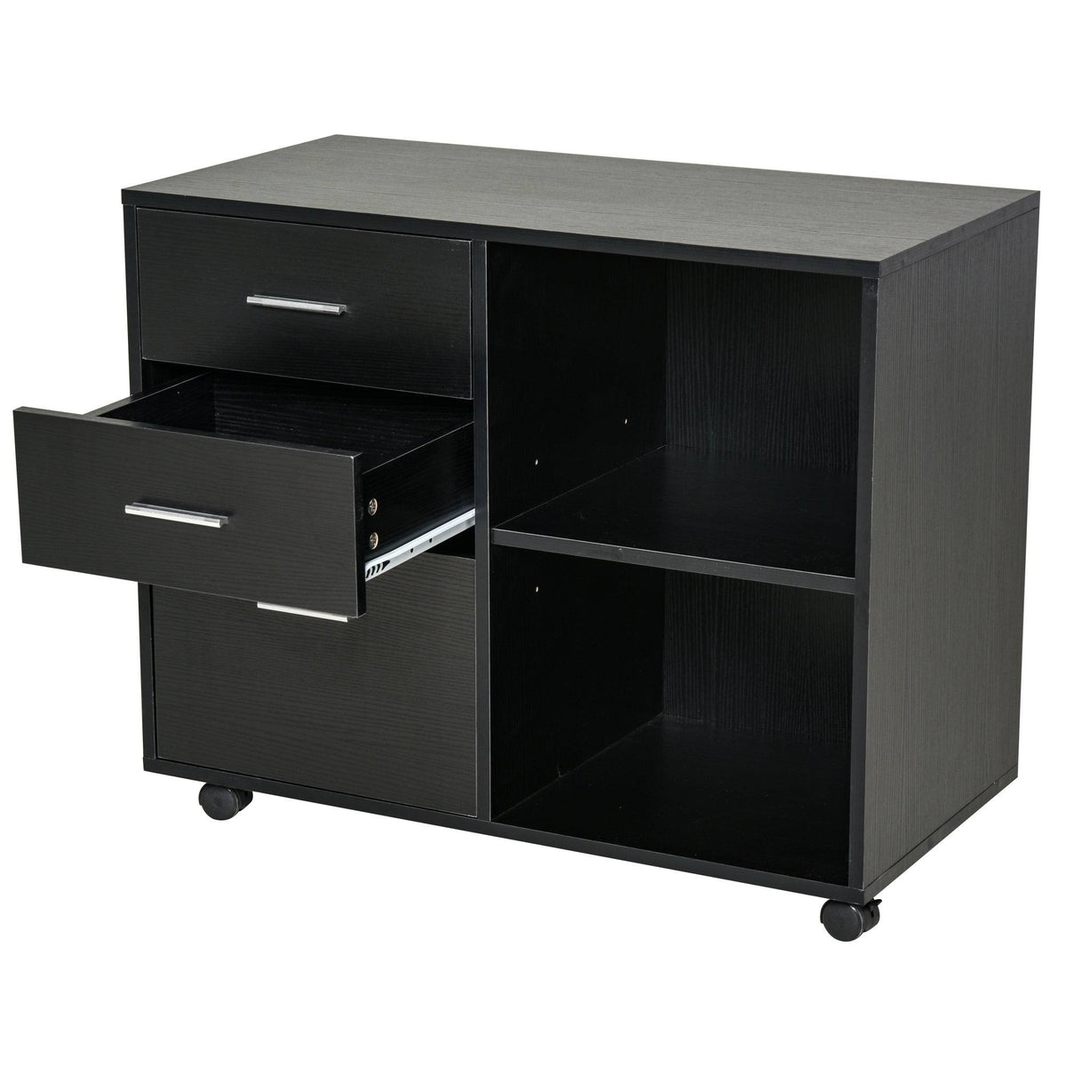 Black 3 Drawer Filing Cabinet with Shelving and Caster Wheels Q90791