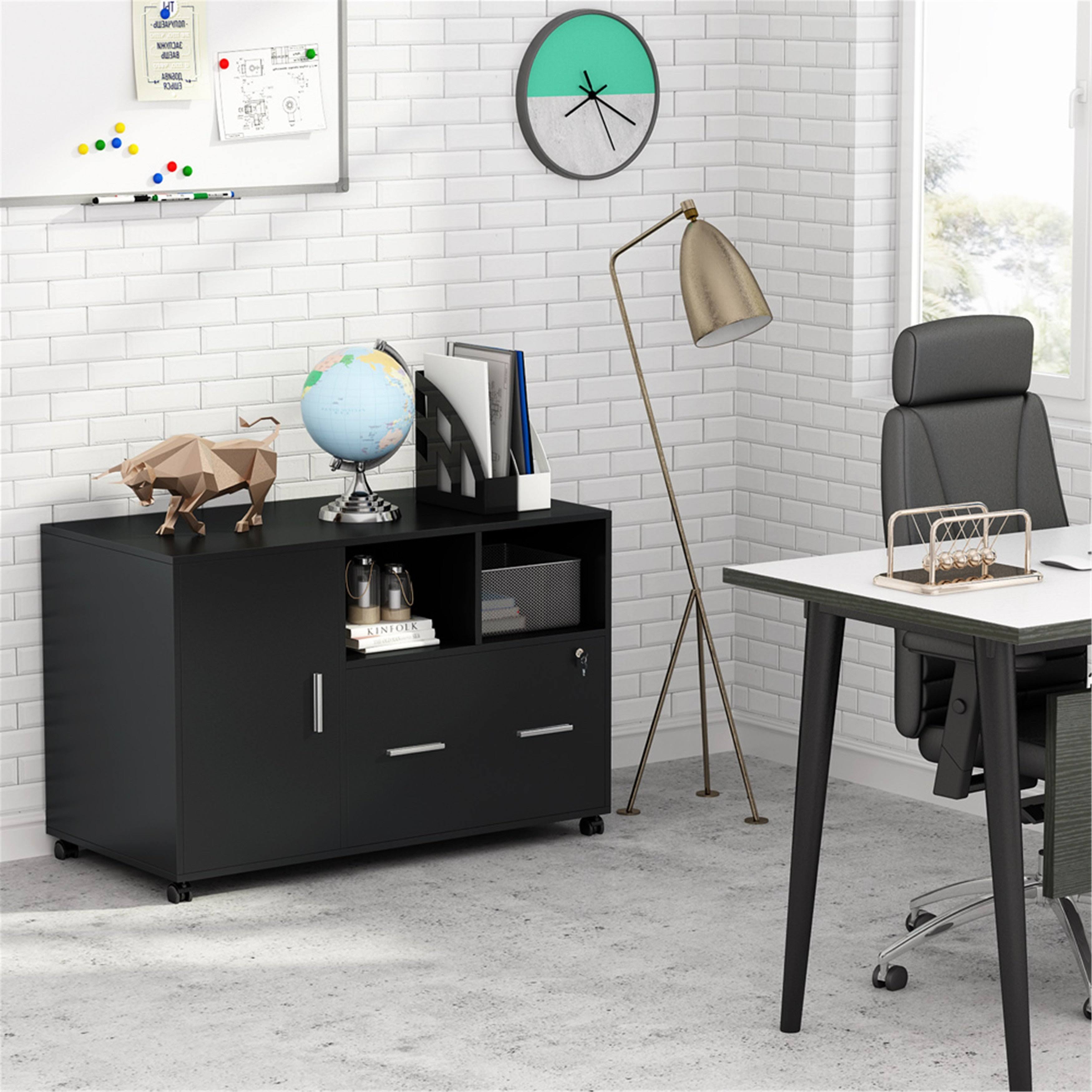 Black Mobile Lateral File Cabinet with Lock and Drawer B8188