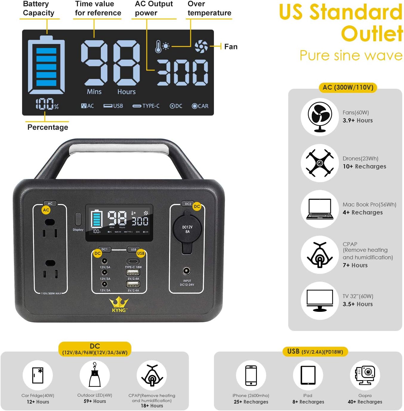 Portable Power Station 300W / 600W Peak Lithium Battery 280Wh 110V AC Pure Sine Wave W4010