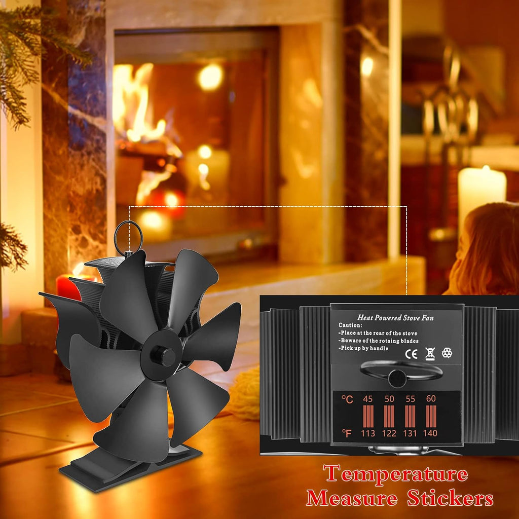 6 Blades Heat Powered Stove Fan with Thermometer Strip, Pack of 2 B1104
