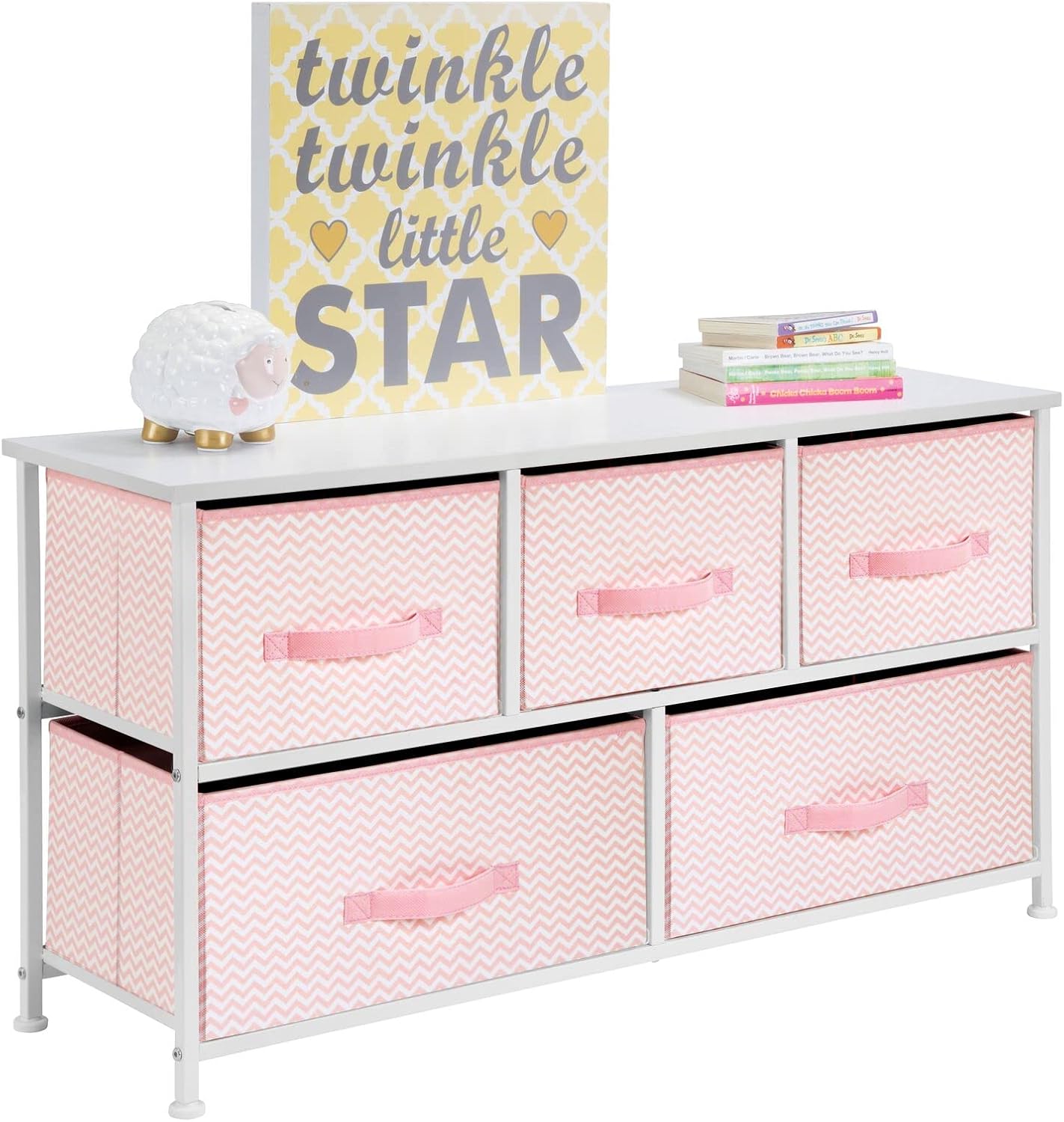 Pink/White Steel Frame Wood Top 5 Drawer Fabric Storage Dresser P67823
