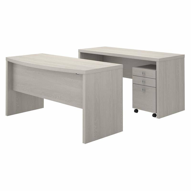 Bow Front Desk and Credenza with Mobile File Cabinet in Gray Sand D34165