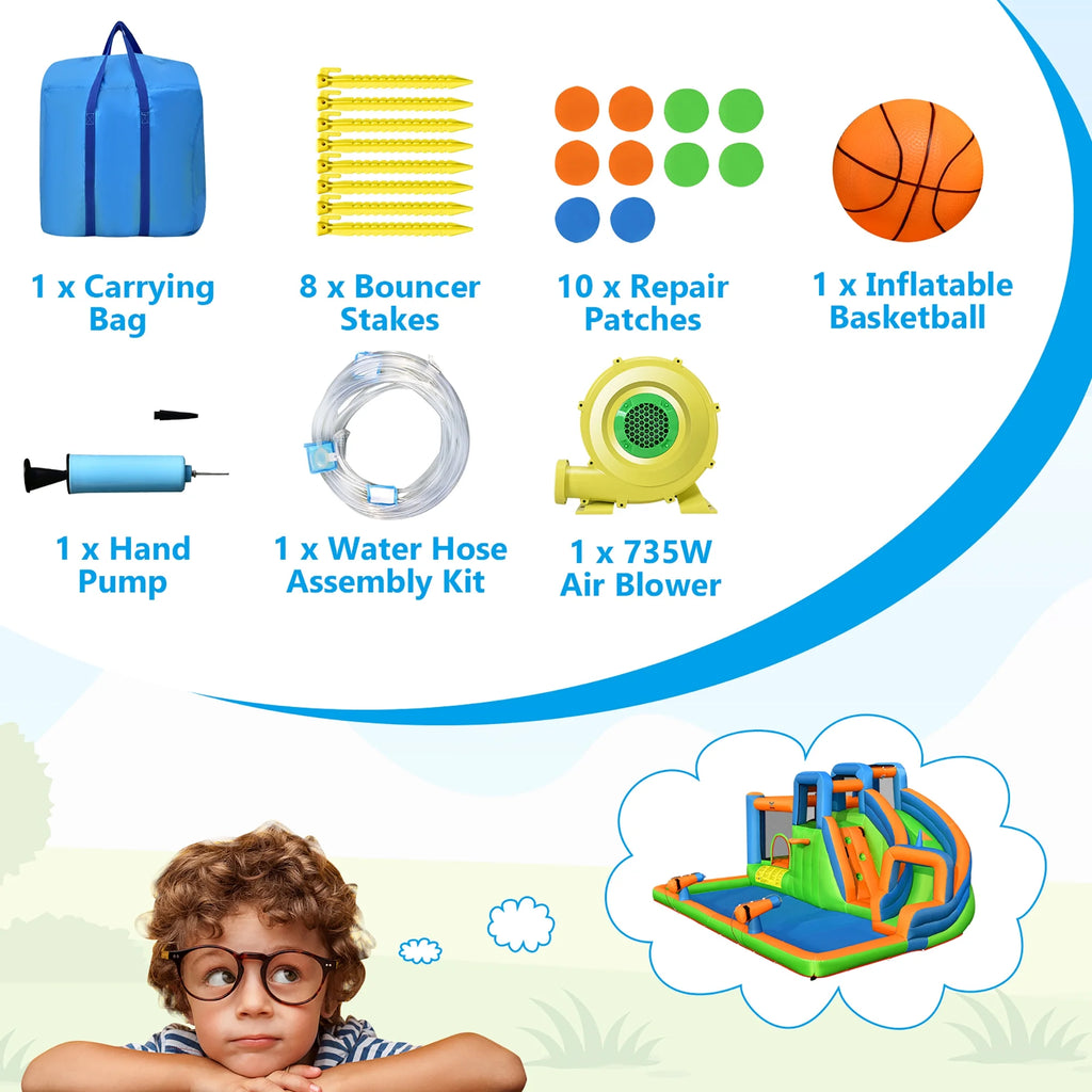Inflatable Water Slide Bounce Castle with Dual Climbing Walls and 735W Blower A360