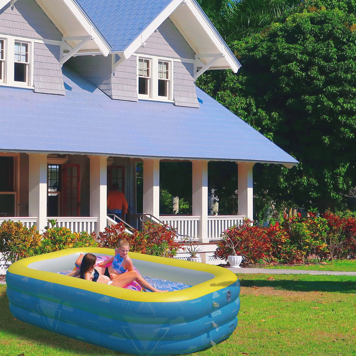 Inflatable Swimming Pool with Pump 9.85×5.74×2.23ft Rectangle Blue H71512