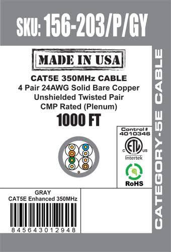 Bulk Ethernet Cable, Cat5e, UTP, 24AWG, 8C Solid Bare Copper, Plenum, 1000ft, Gray I23011