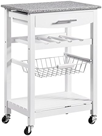 Granite Top Pine Wood Rolling Kitchen Island Microwave Cart with Storage U85762