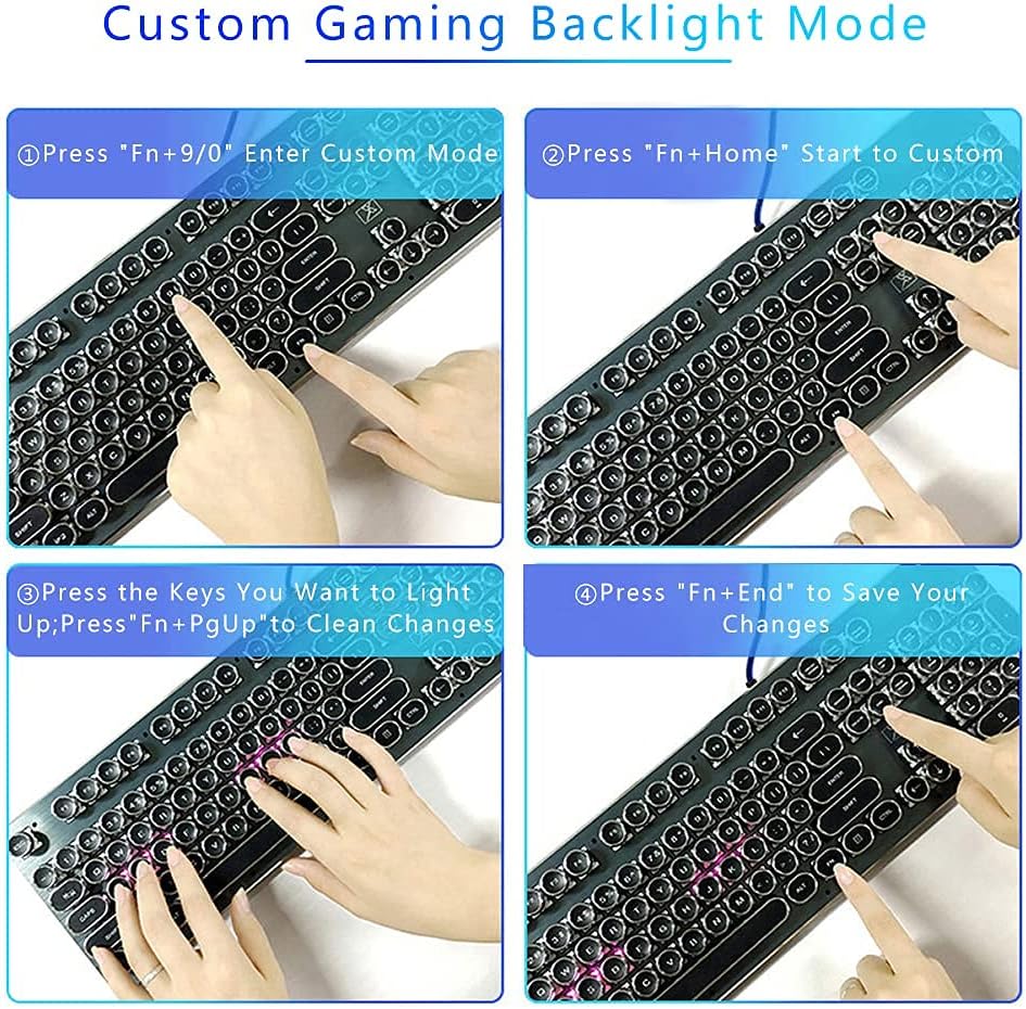 Mechanical Gaming Keyboard with 26 Rainbow Backlits Silver Retro Typewriter Keyboard Full-Size 104 Keys USB Wired Blue Switch Ergonomic Keyboard Brushed Alloy Panel F32835