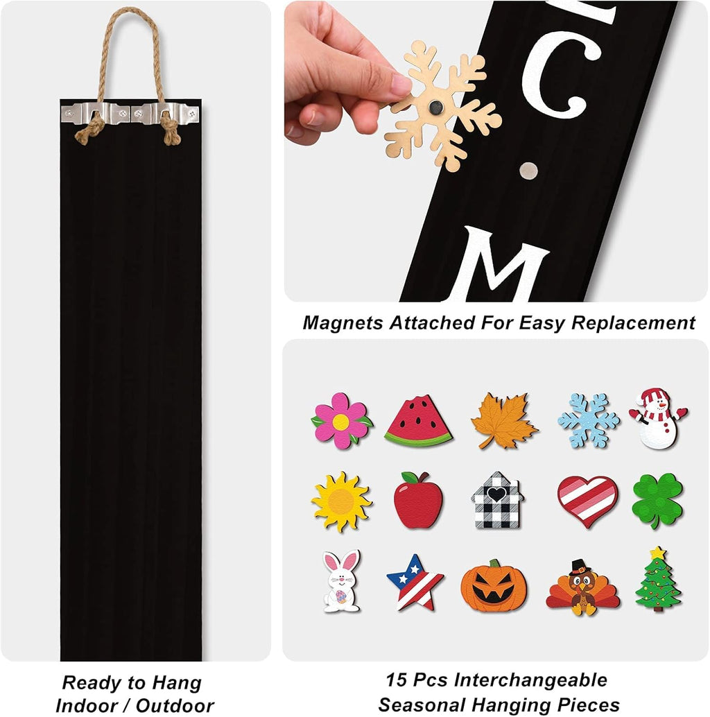 Black Interchangeable Mini Wooden Door Sign with 15 Pcs Ornaments Y538