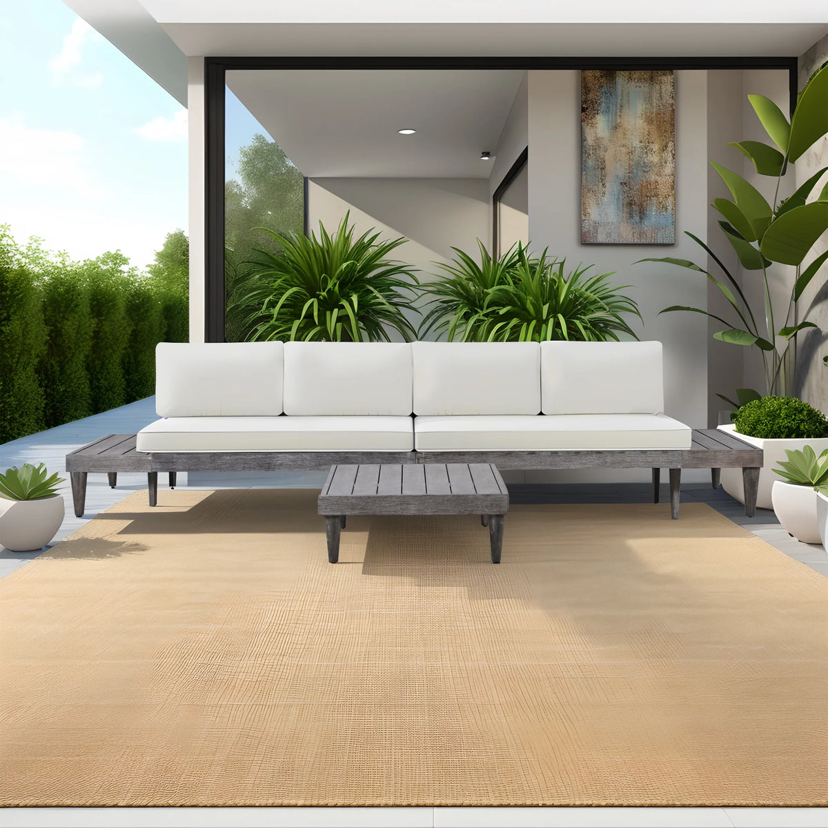 Grey Beige 3 Piece Wood Conversation Set with Coffee Table V97311