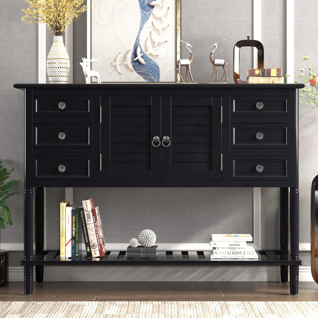Navy Blue 6 Drawers Console Table with Cabinet and Shelf W15422