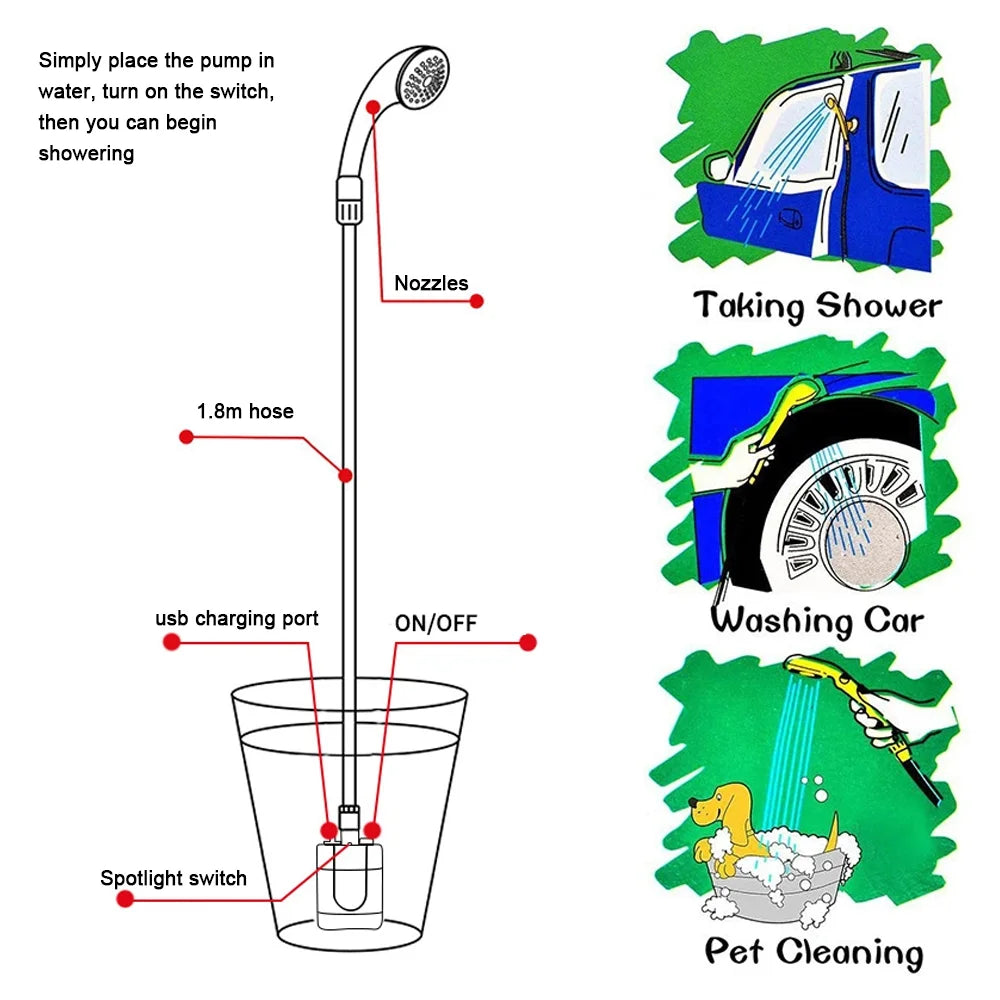 Portable Shower Camping Shower Handheld Electric USB Rechargeable Showerhead U65337