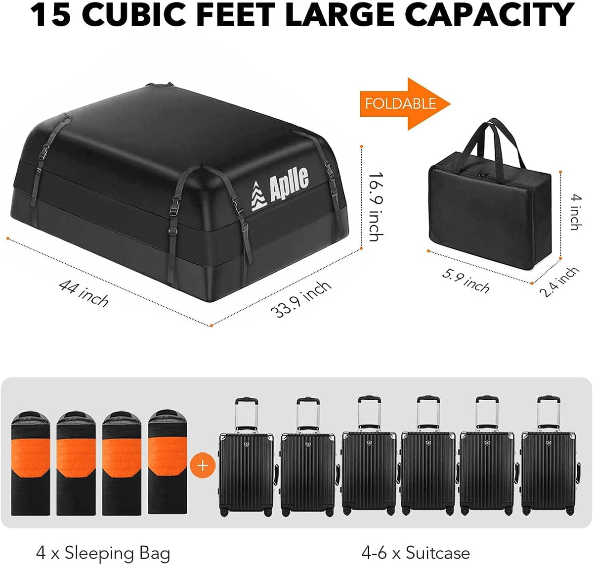 Black 15 Cubic Feet Rooftop Cargo Carrier with Anti-Slip Mat and 8 Reinforced Straps A5159