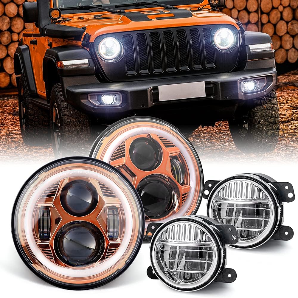 7 inch LED Headlight Round with DRL & Amber Turn Signal + 4 Inch LED Fog Lights N164