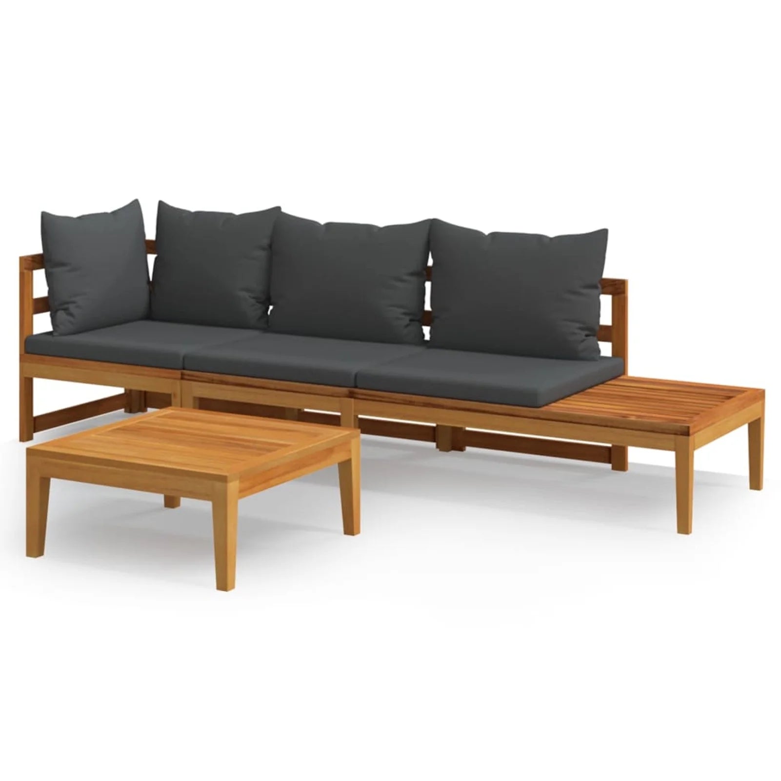 3 Piece Dark Gray Cushioned Corner Sofa and Table Acacia Wood Sectional Outdoor Furniture Set N25013
