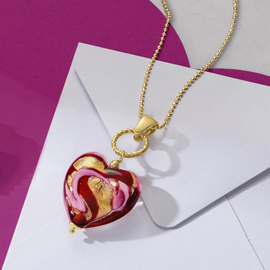 Italian Red and Pink Murano Glass Heart Pendant Necklace in 18kt Gold Over Sterling A440
