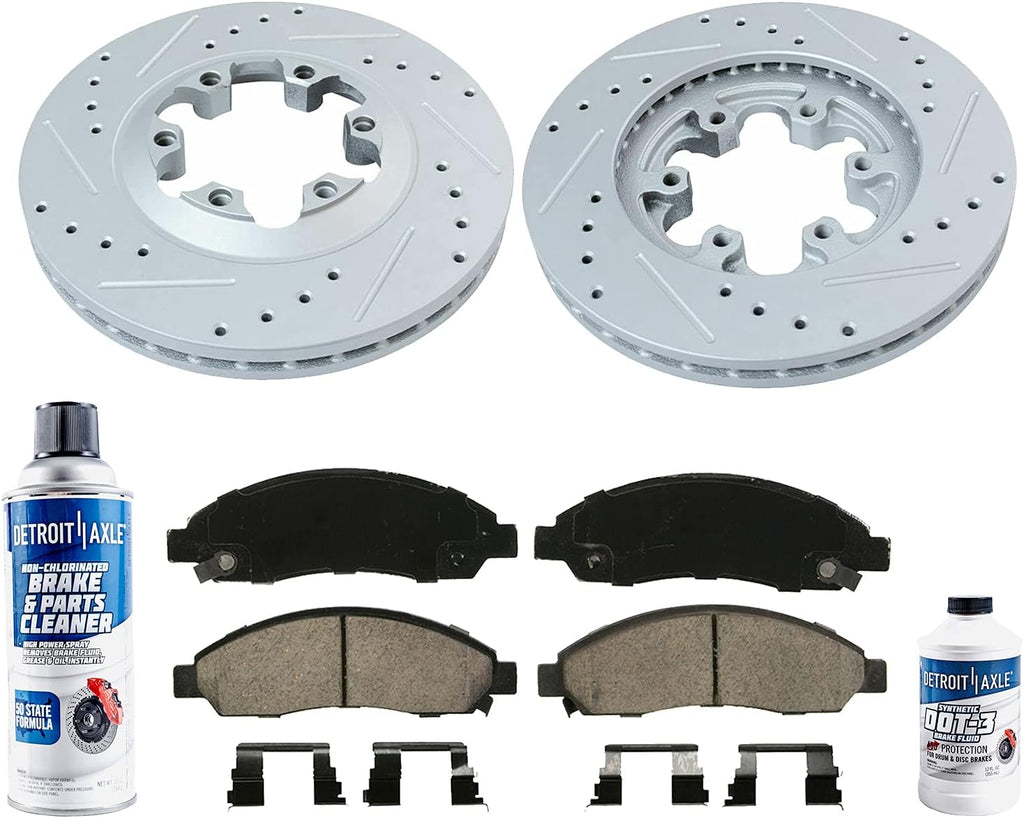Drilled Slotted Front Brake Kit Rotors & Pads with Hardware Kit & Cleaner & Fluid E557