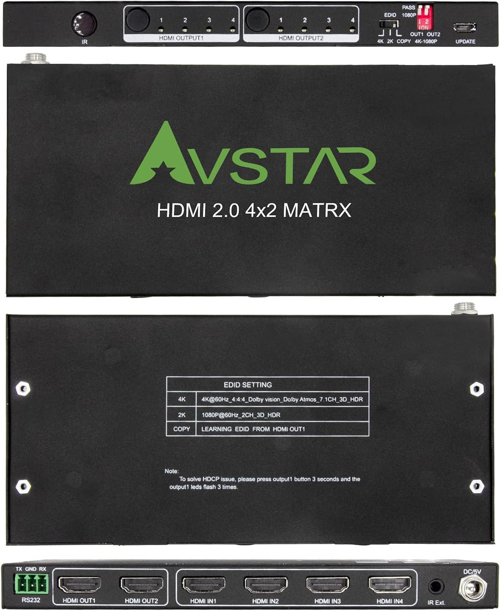 HDMI Matrix Switch 4x2 4K 60Hz HDR EDID Scaler D6002
