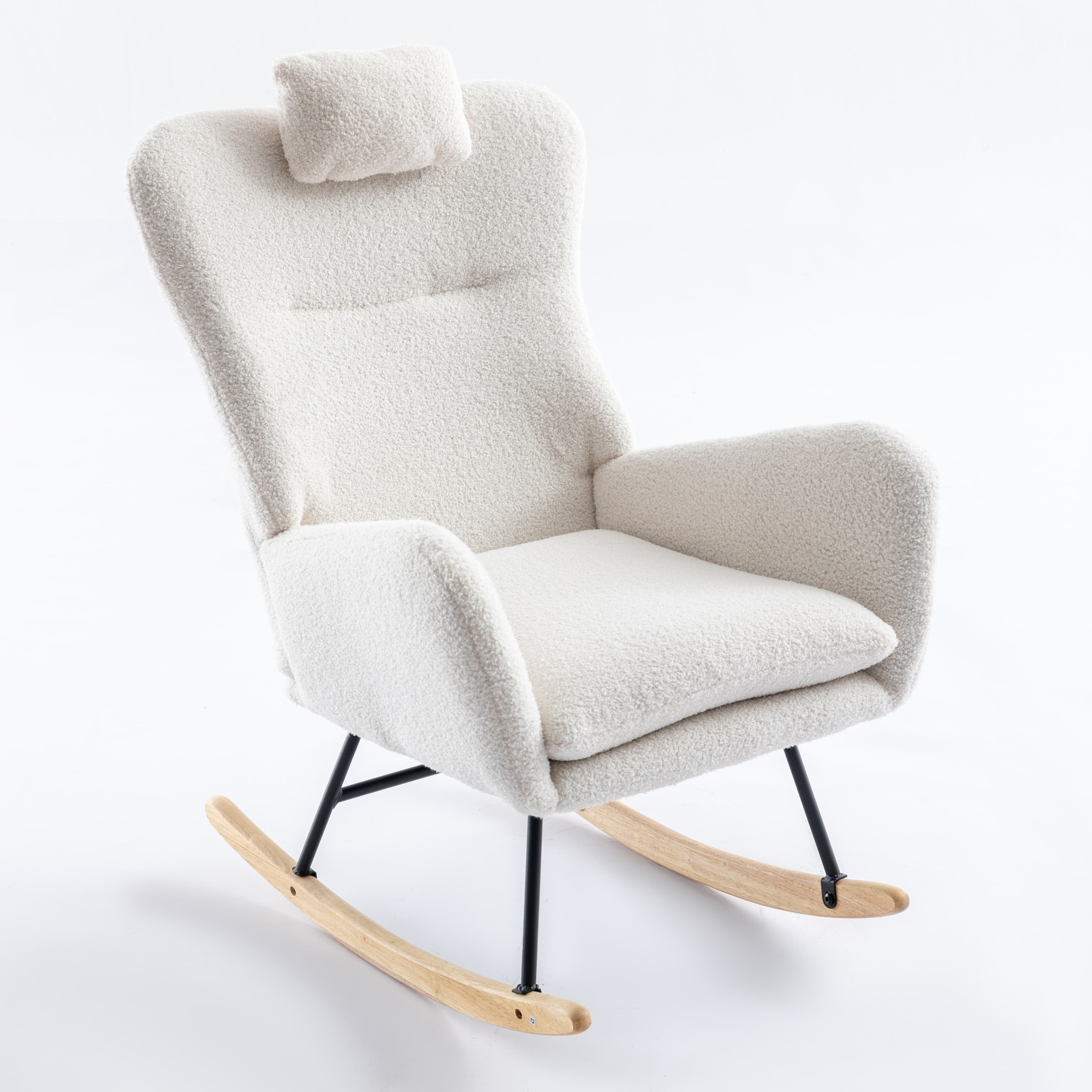 White Teddy Velvet Fabric Rocking Chair with Solid Wood Base B4975