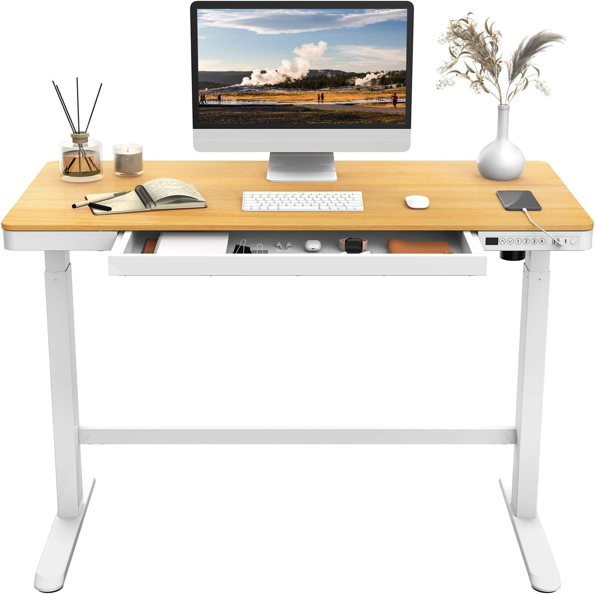Electric Height Adjustable Standing Desk with Drawers 48 Inches Red Oak Desktop White Frame V706517