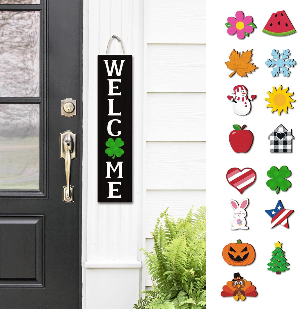Black Interchangeable Mini Wooden Door Sign with 15 Pcs Ornaments Y538
