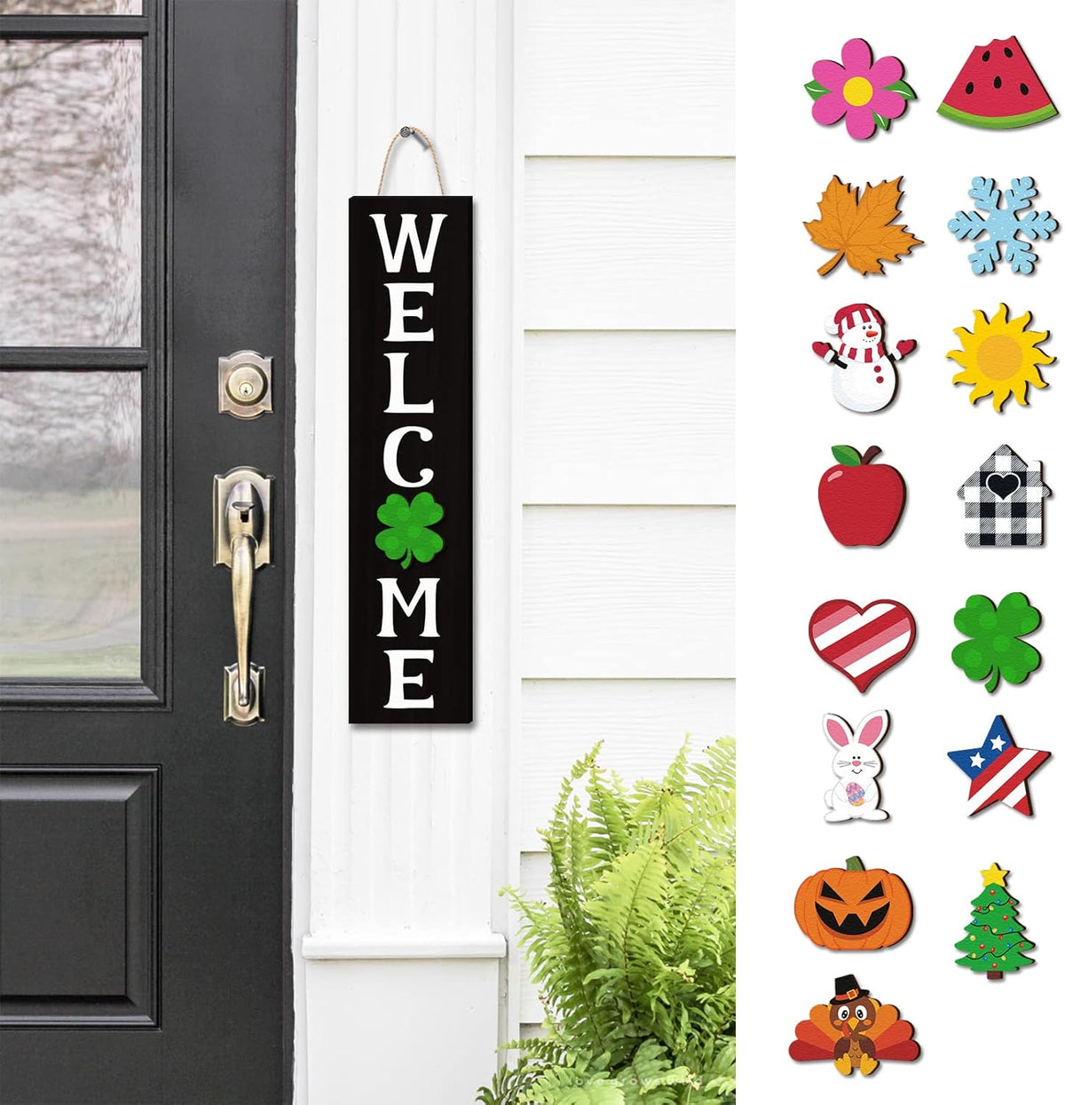 Black Interchangeable Mini Wooden Door Sign with 15 Pcs Ornaments Y538