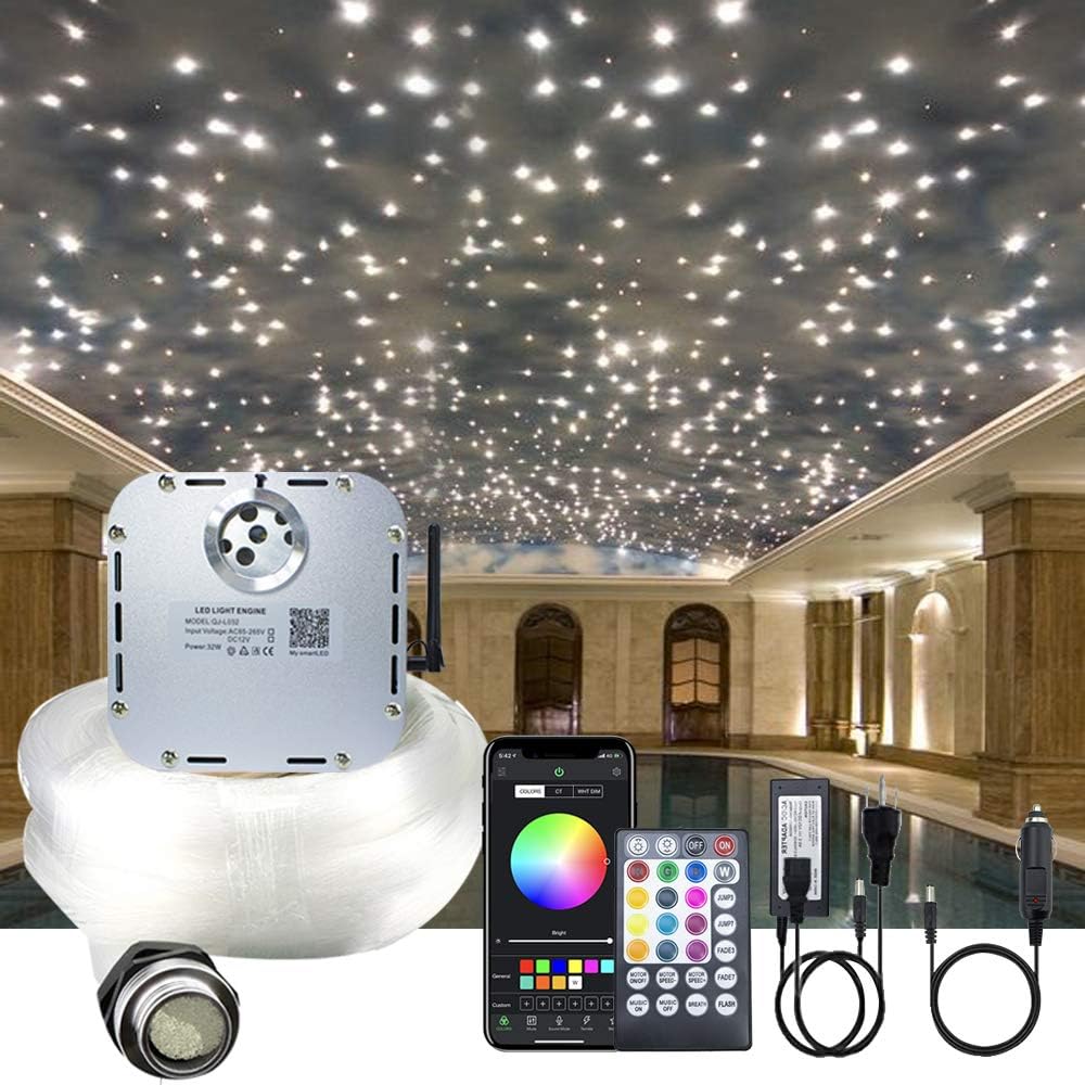 32W RGBW Twinkle Fiber Optic Lights Kit with 800pcs 16.4ft/5m Mixed Dia. Optical Fiber Cable and Crystals E5288