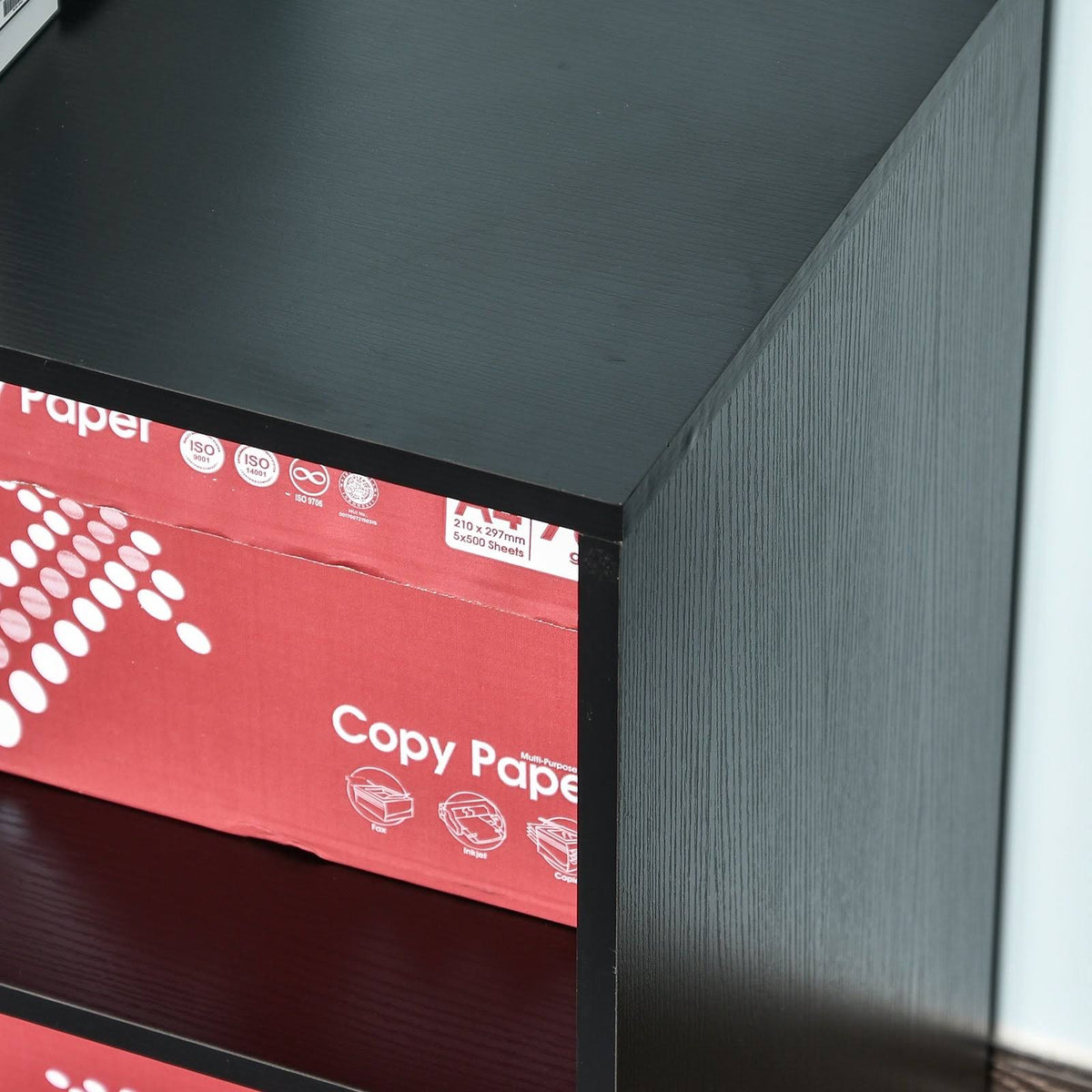 Black 3 Drawer Filing Cabinet with Shelving and Caster Wheels Q90791