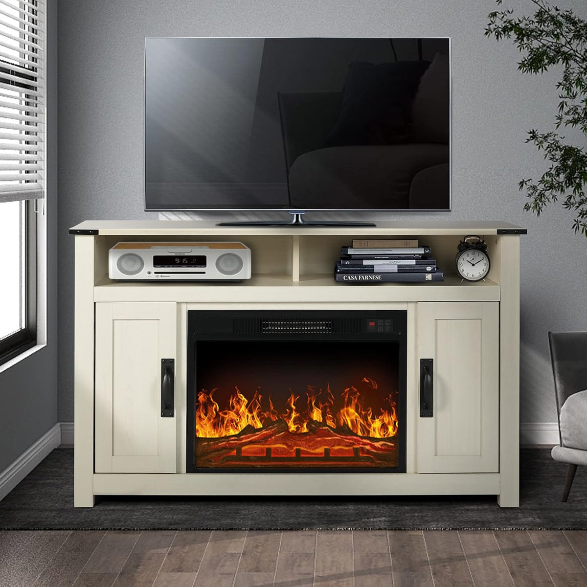 Rustic Brown Barn Door TV Stand with 2 Storage Cabinets and Open Shelves E48121