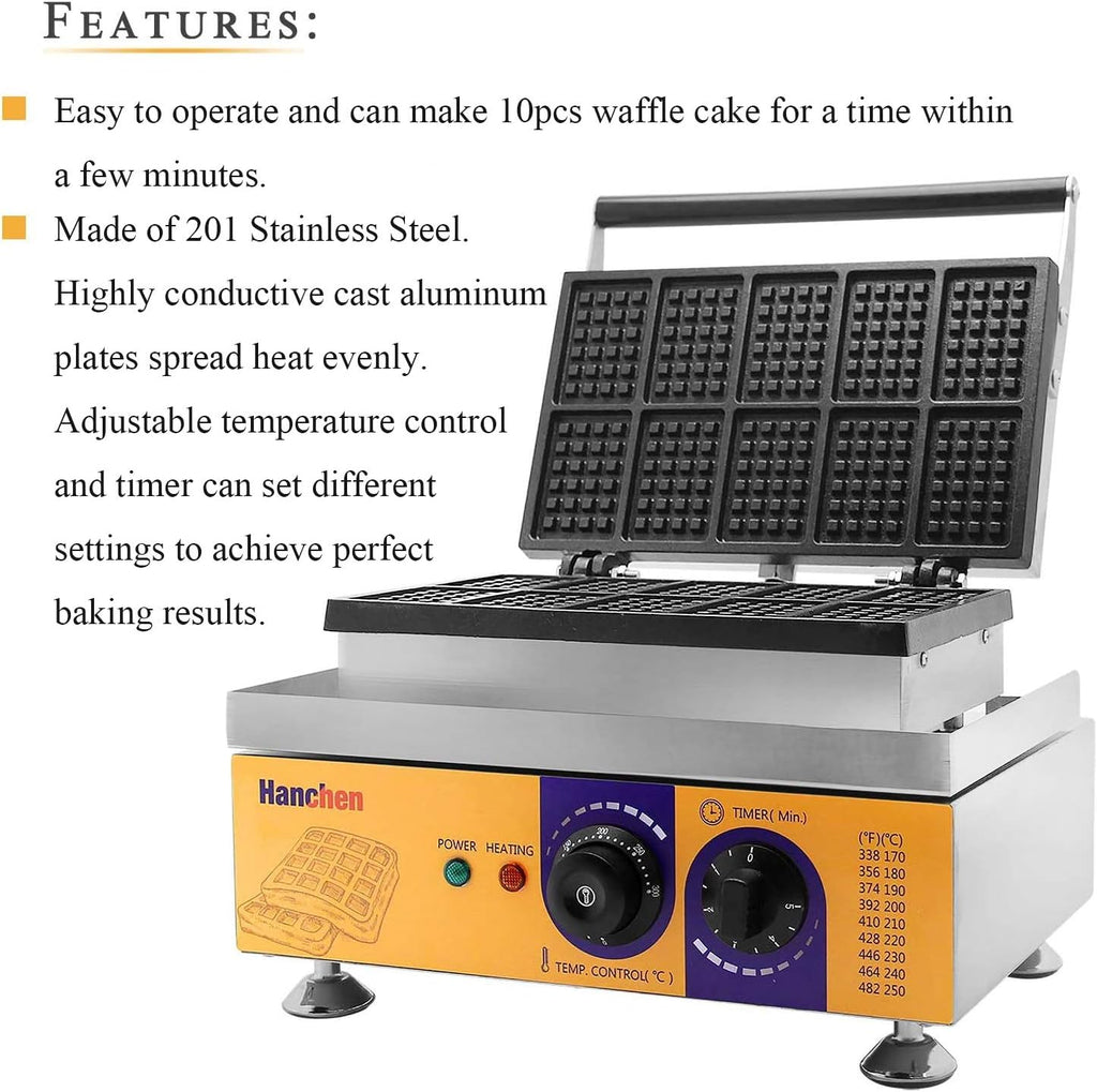 10pcs Commercial Electric Waffle Maker 110V No-Stick Belgian Waffle Baker T156688