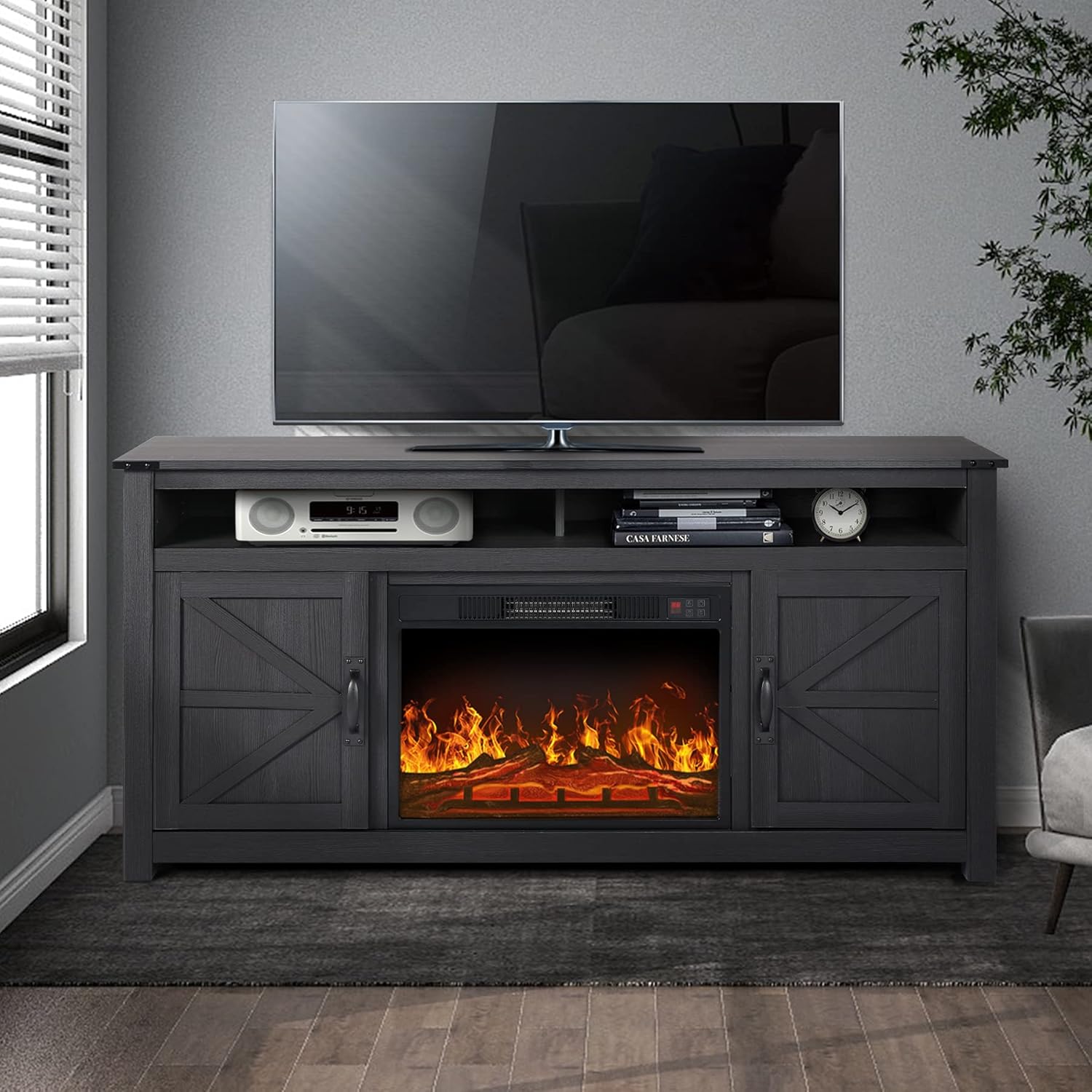 Rustic Brown Barn Door TV Stand with 2 Storage Cabinets and Open Shelves E48121