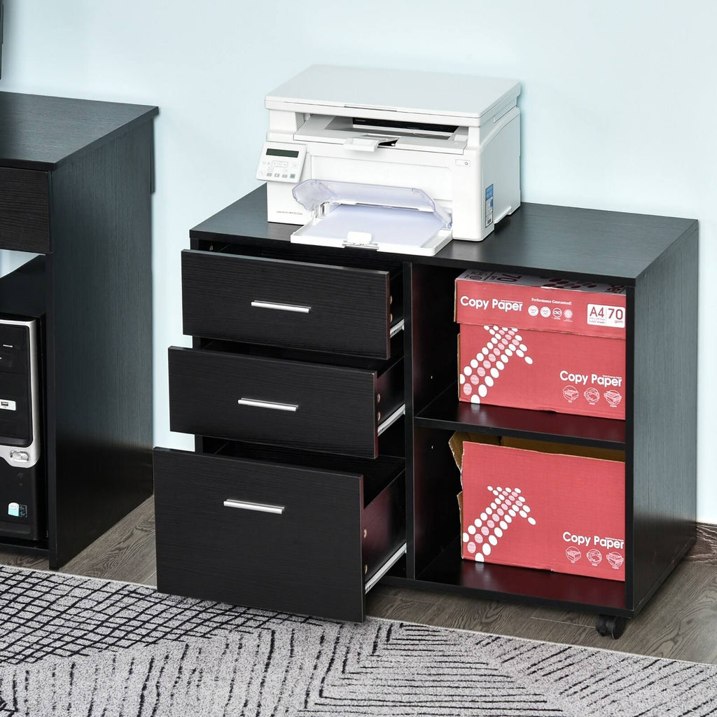 Black 3 Drawer Filing Cabinet with Shelving and Caster Wheels Q90791