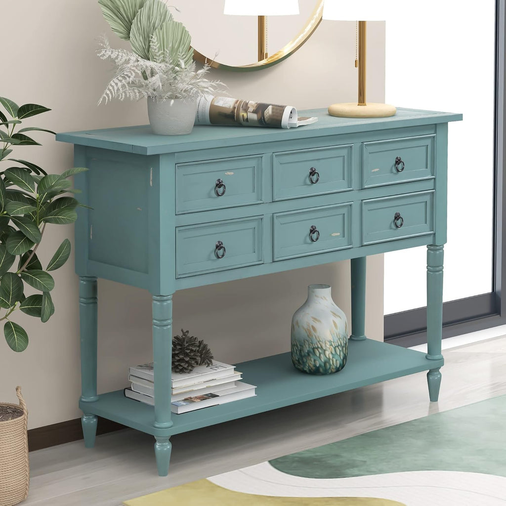 Navy Blue 6 Drawers Console Table with Cabinet and Shelf W15422