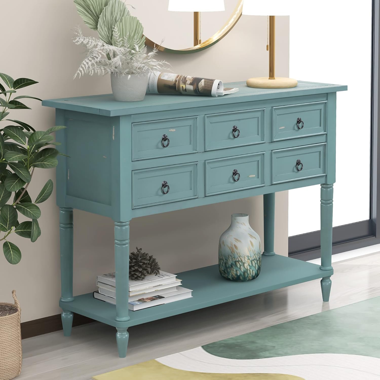 Navy Blue 6 Drawers Console Table with Cabinet and Shelf W15422