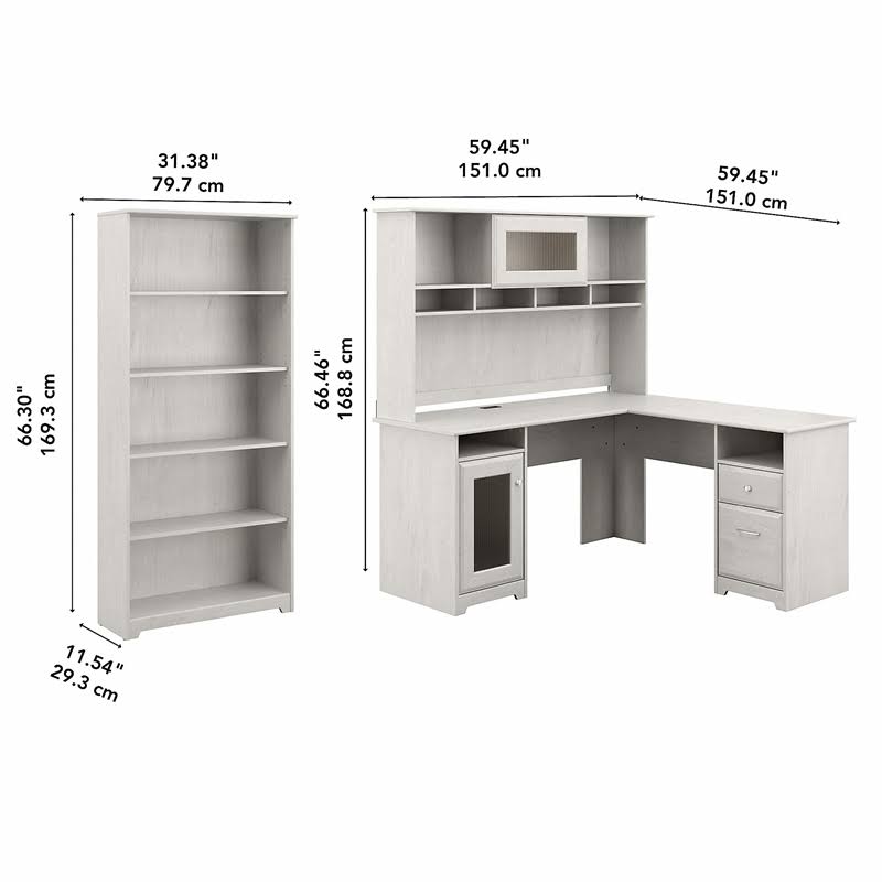 White Oak L Shaped Desk with Hutch and Bookcase D494357