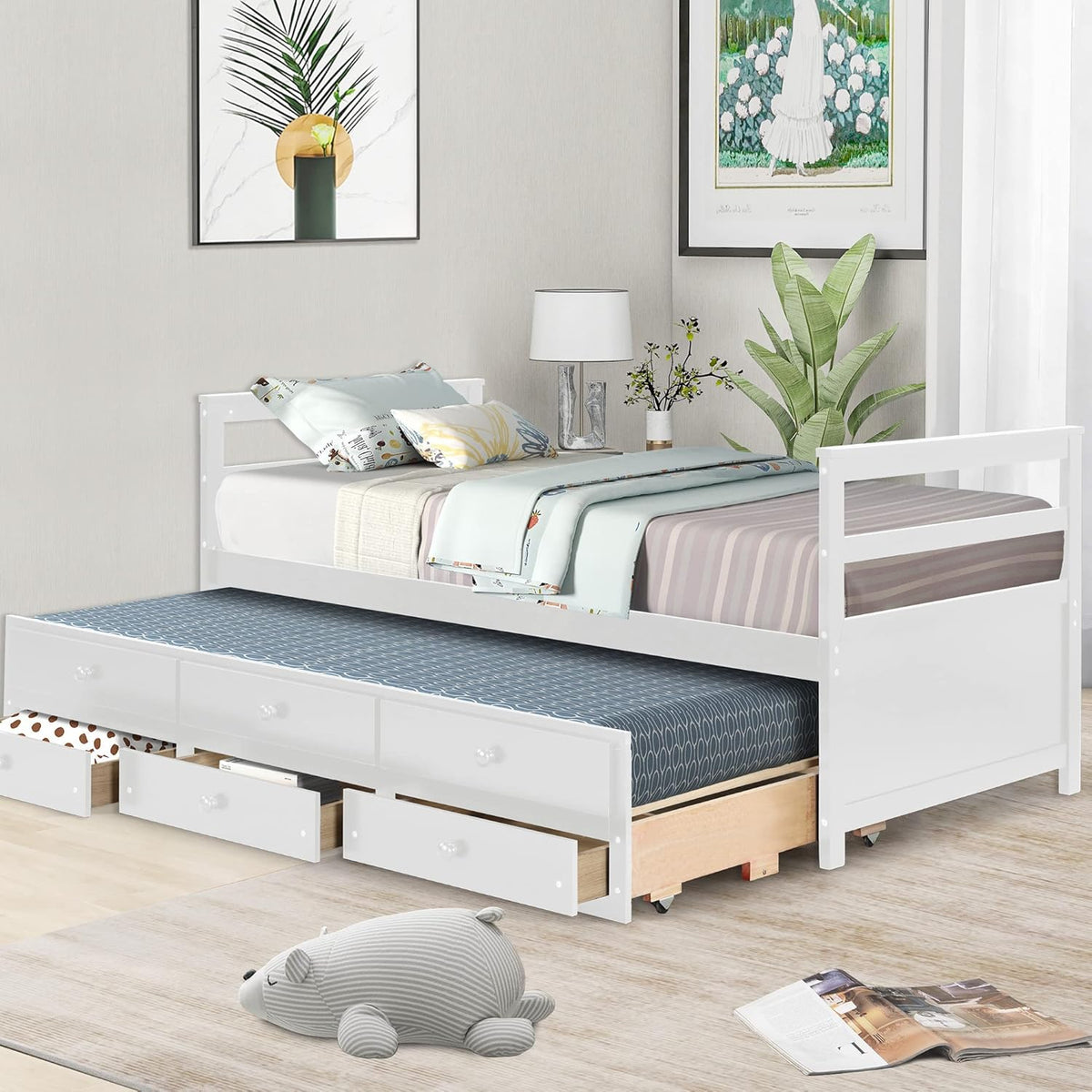 White Wood Twin Bed with Trundle and 3 Storage Drawers U794124
