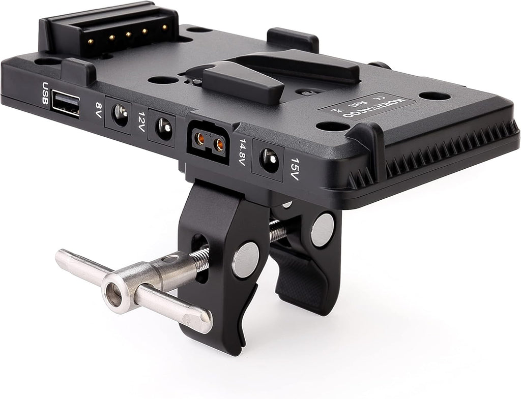 V-Mount Lock Battery Plate Power Supply Adapter with Super Clamp, D-TAP/DC/USB Power Output T1579