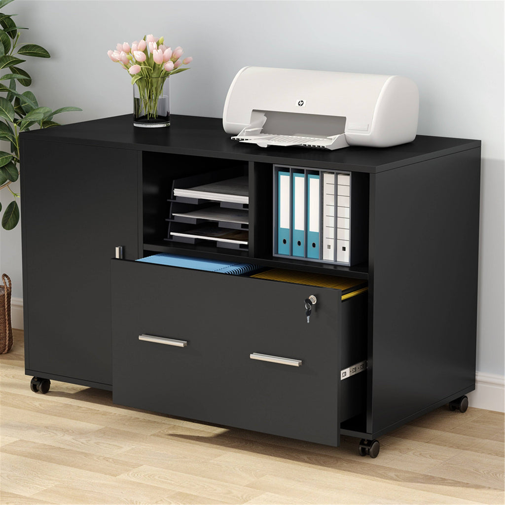 Black Mobile Lateral File Cabinet with Lock and Drawer B8188