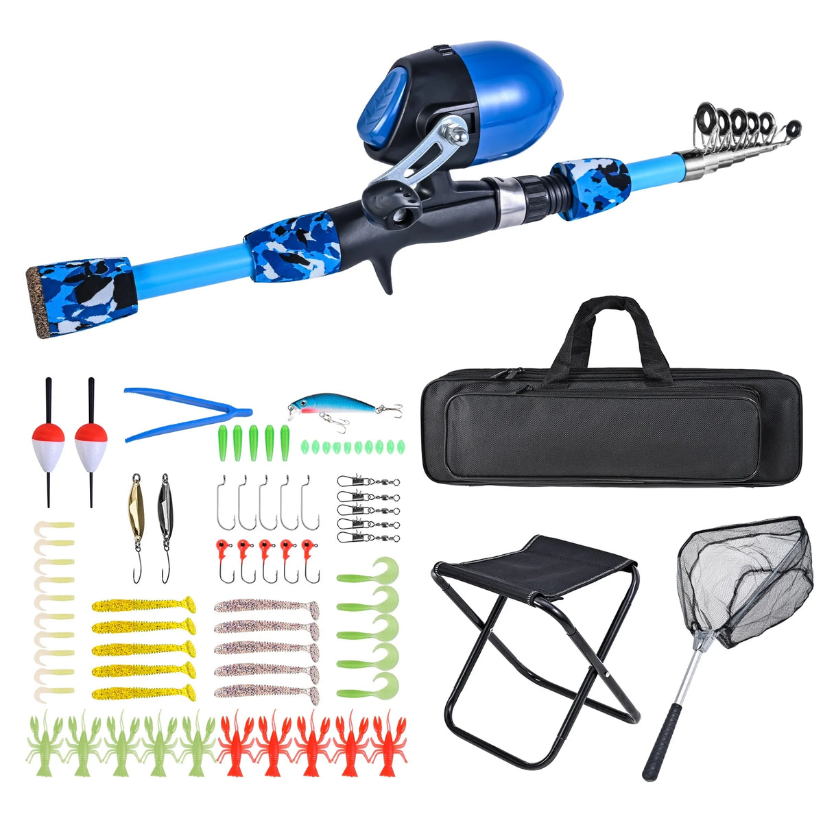 Kids Fishing Rod and Reel Combo with Collapsible Stool and Tackle Box D808