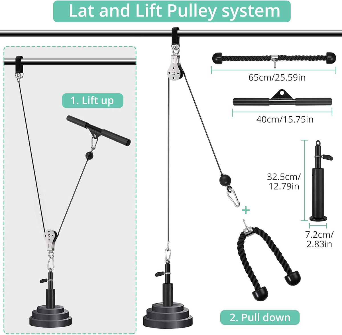 Fitness Pulley System with Tricep Rope, LAT Pull Down Bar N862