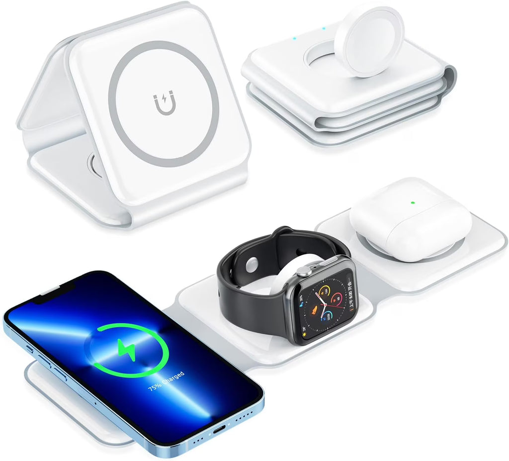3 in 1 Magnetic Wireless Charging Stand with Cable for iPhone AirPods iWatch Android, White U7187