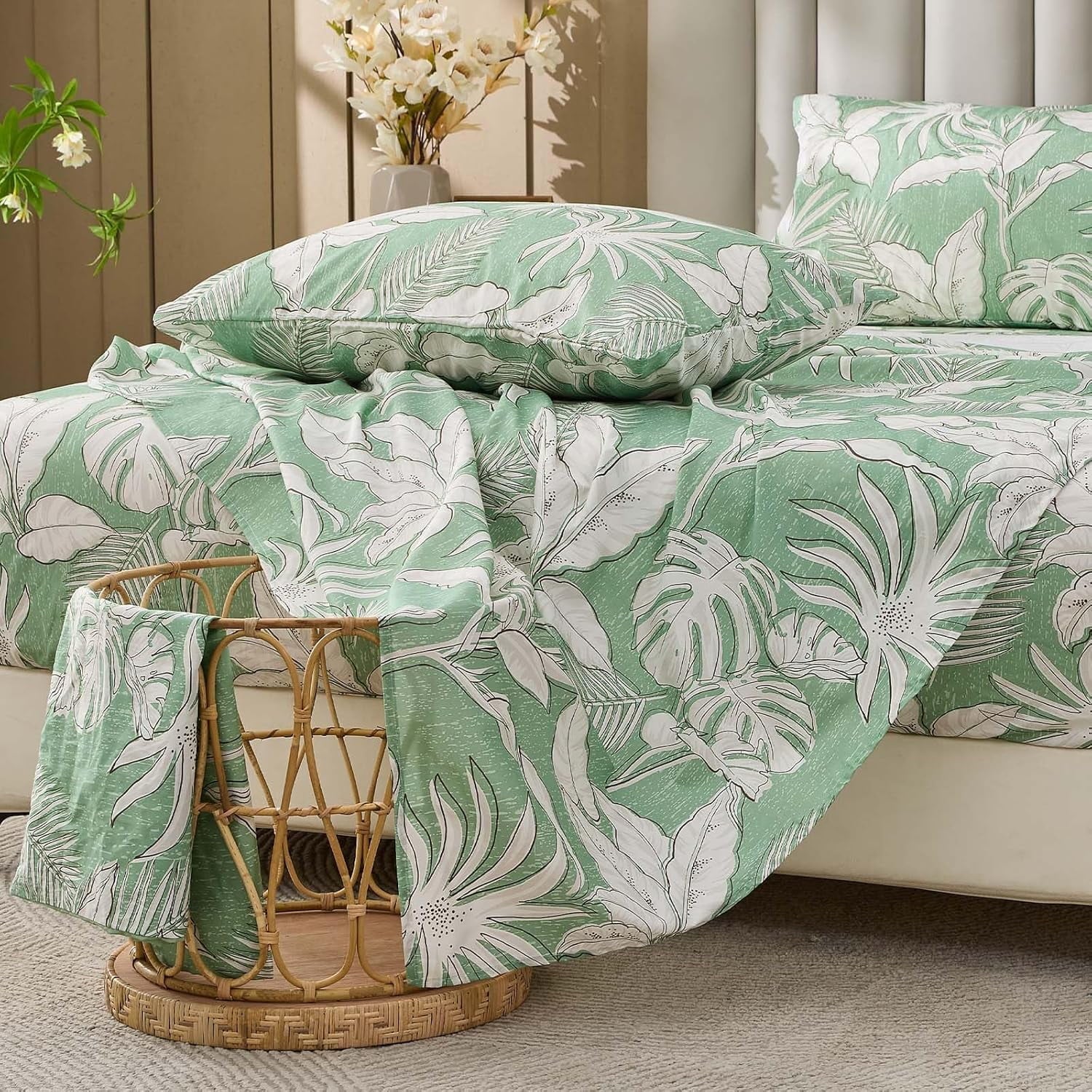 Green Floral Cotton Sheet Set Queen Size 4PC G8318