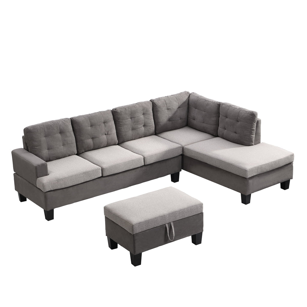 Gray Sofa Set with Chaise Lounge and Storage Ottoman O546