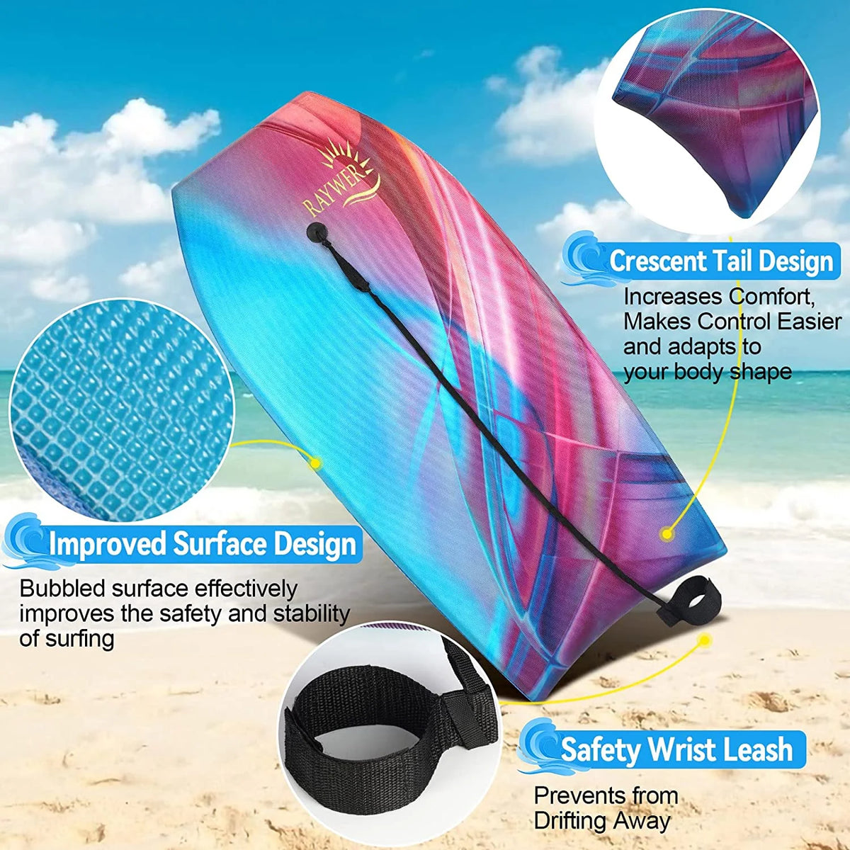 Lightweight Body Board with EPS Core, HDPE Slick Bottom, Leash and Adjustable Wrist Rope J676826