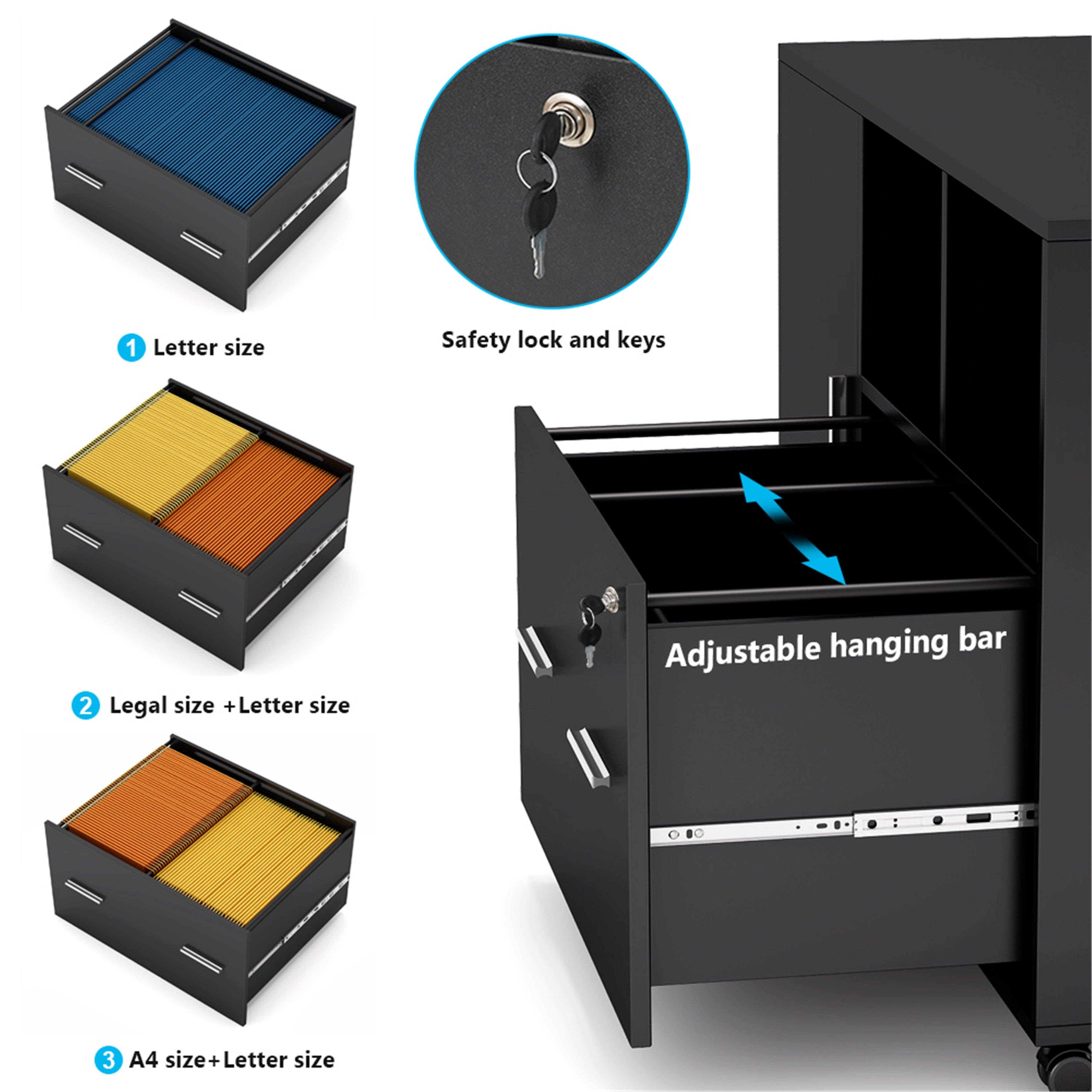 Black Mobile Lateral File Cabinet with Lock and Drawer B8188